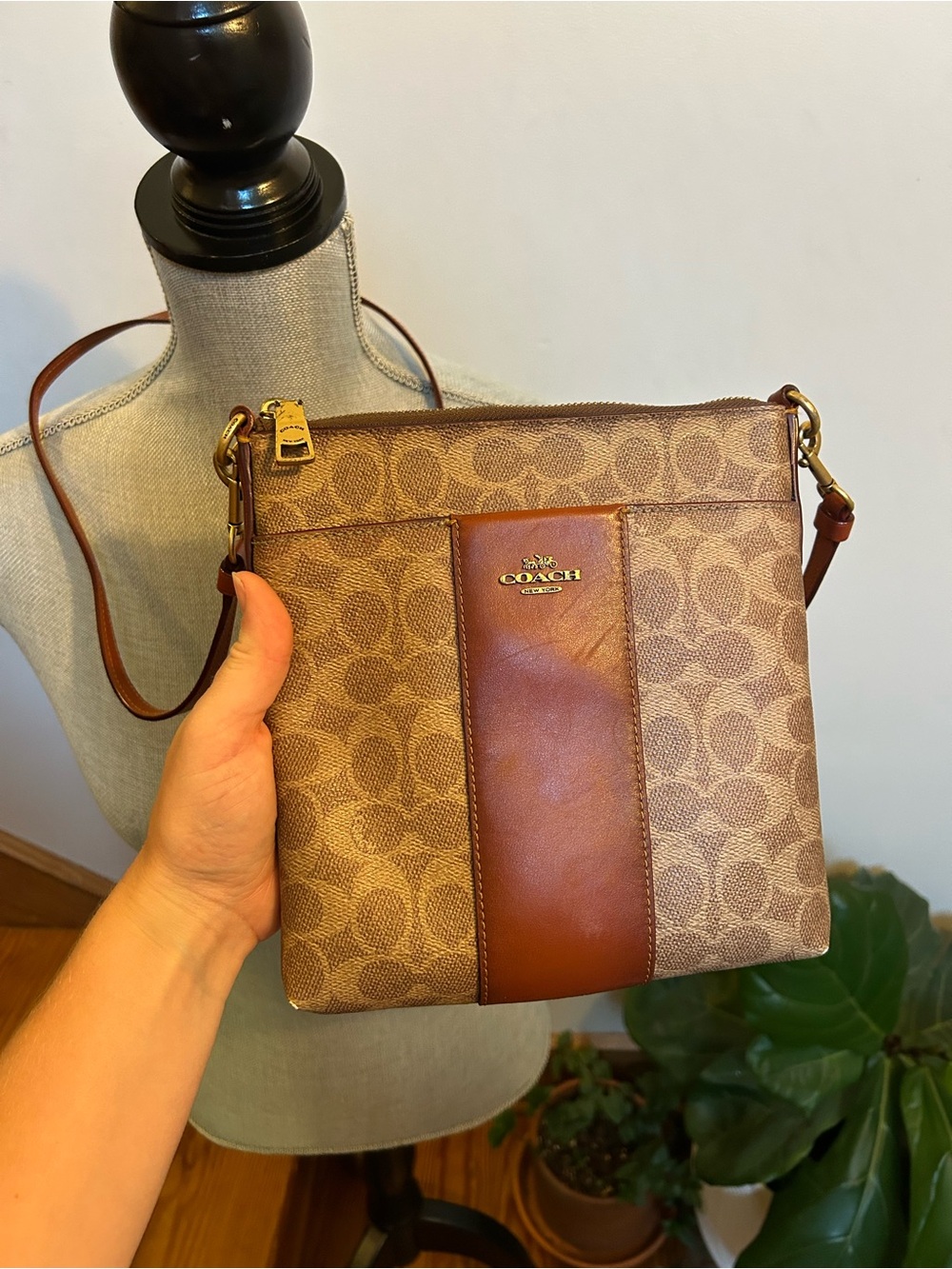 COACH Brown Signature Canvas Crossbody with Leather Panel